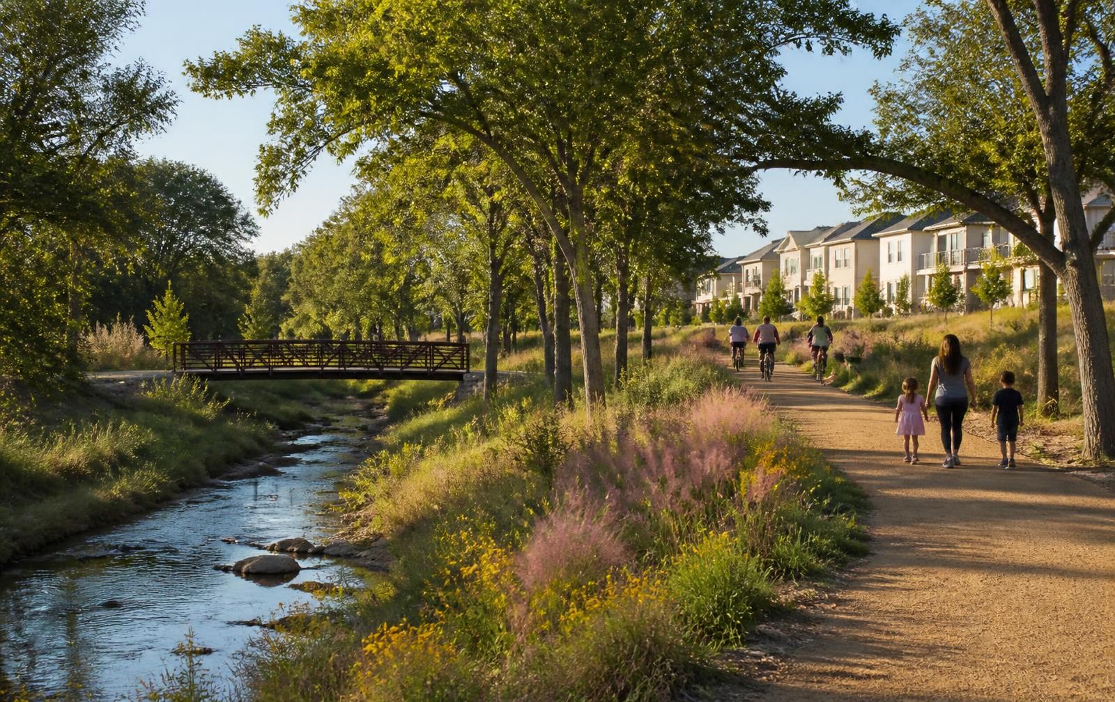 Rendering of the Rickett Branch Creek greenbelt at Rivulet with trails, native grasses, and a pedestrian bridge