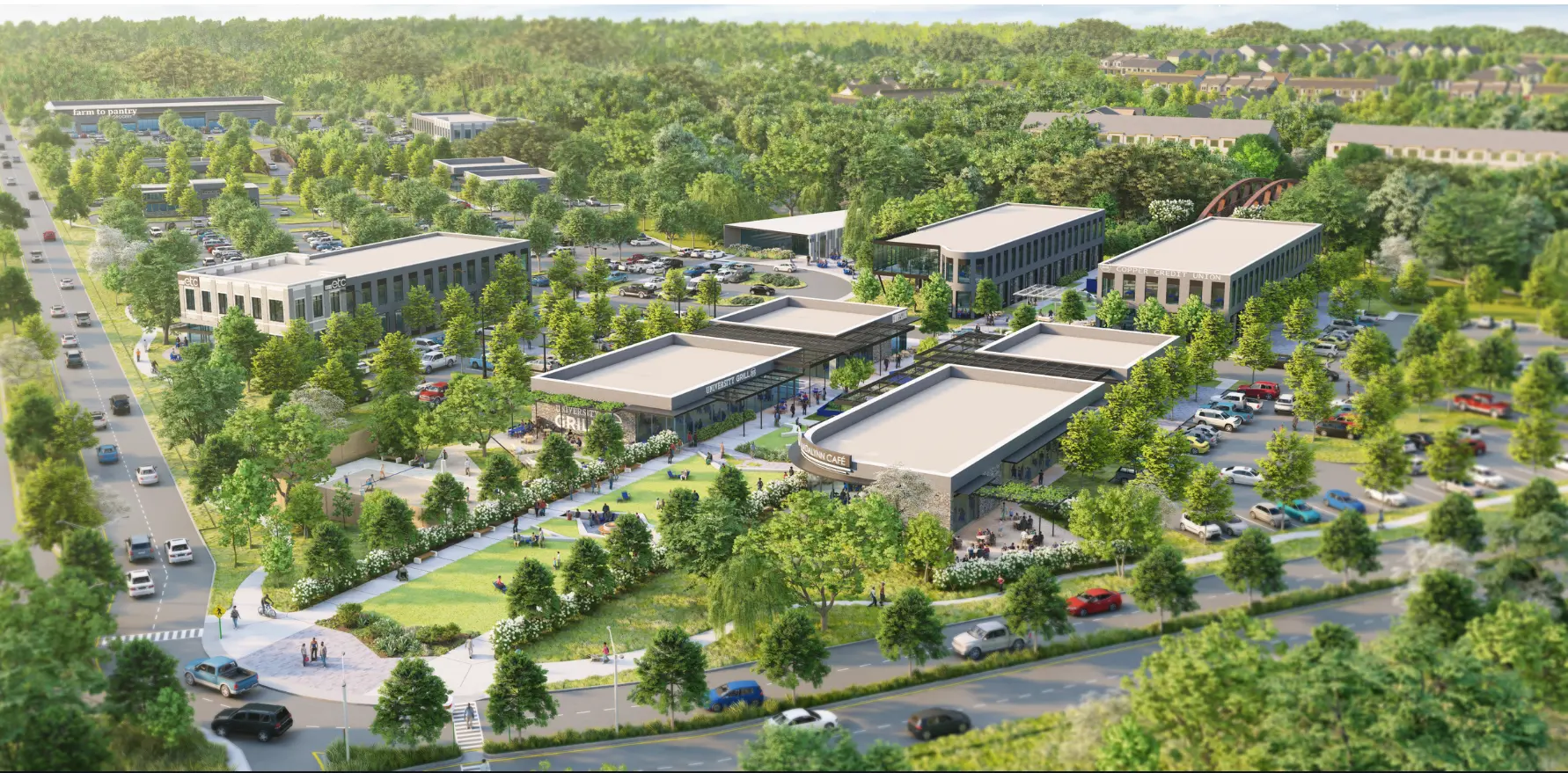 Aerial rendering of the Rivulet retail plaza, restaurant pavilion, and surrounding streets at golden hour