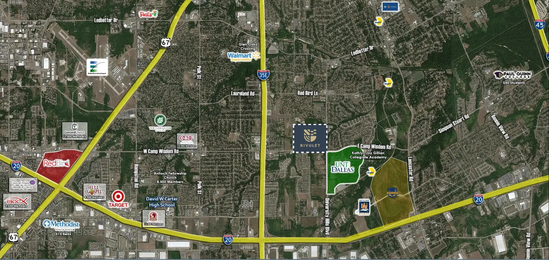 Aerial proximity map showing the Rivulet site at Camp Wisdom Road relative to UNT Dallas, Methodist Hospital, DART Blue Line stations, the Shops at Redbird, Paul Quinn College, the VA Hospital, University Hills, and Kathlyn Joy Gilliam Collegiate Academy