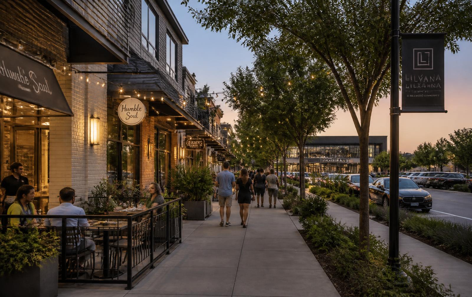 Rendering of the Rivulet main street at dusk with shops, restaurant patios, and shaded sidewalks