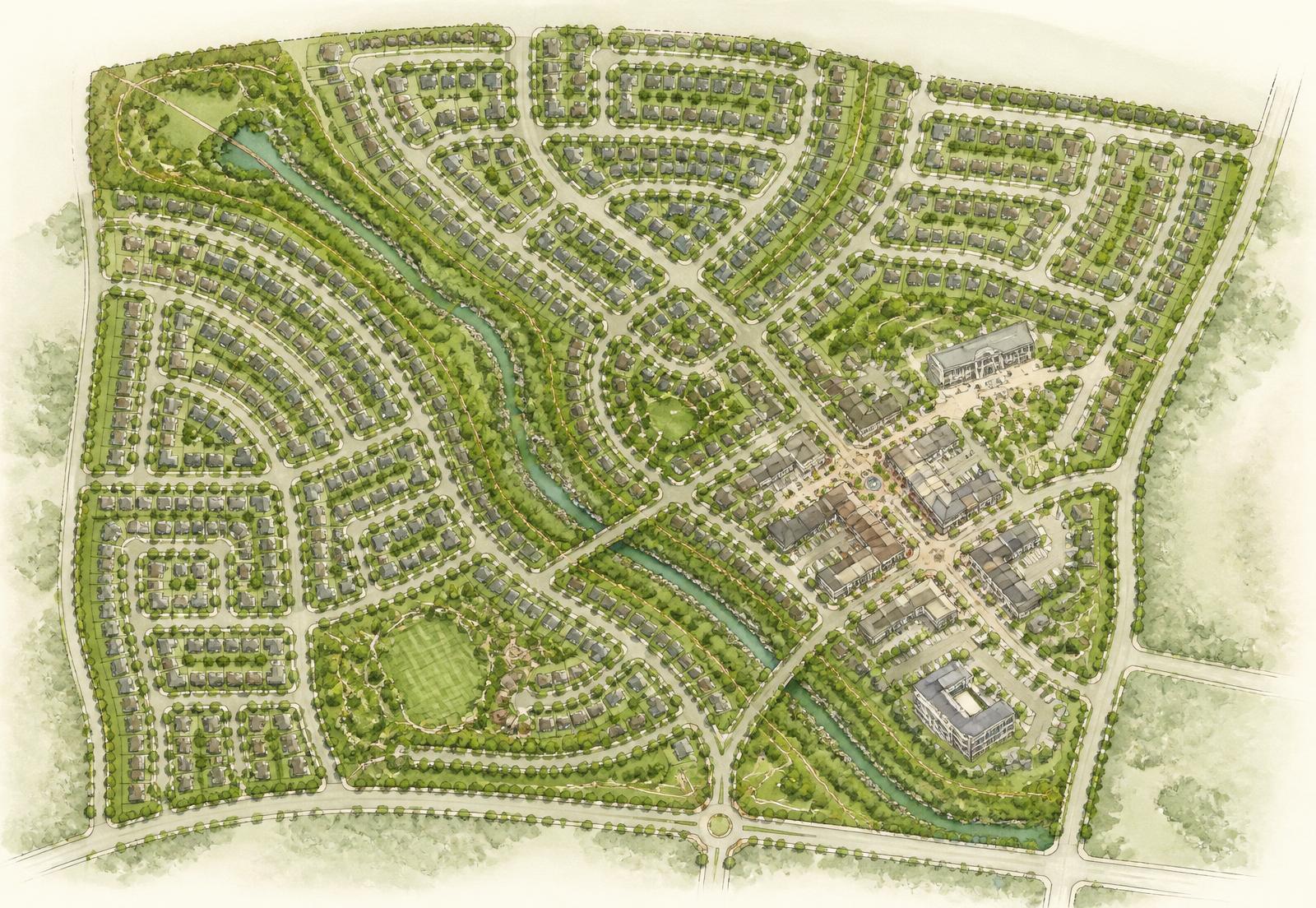 Illustrated aerial master plan of the 90-acre Rivulet community